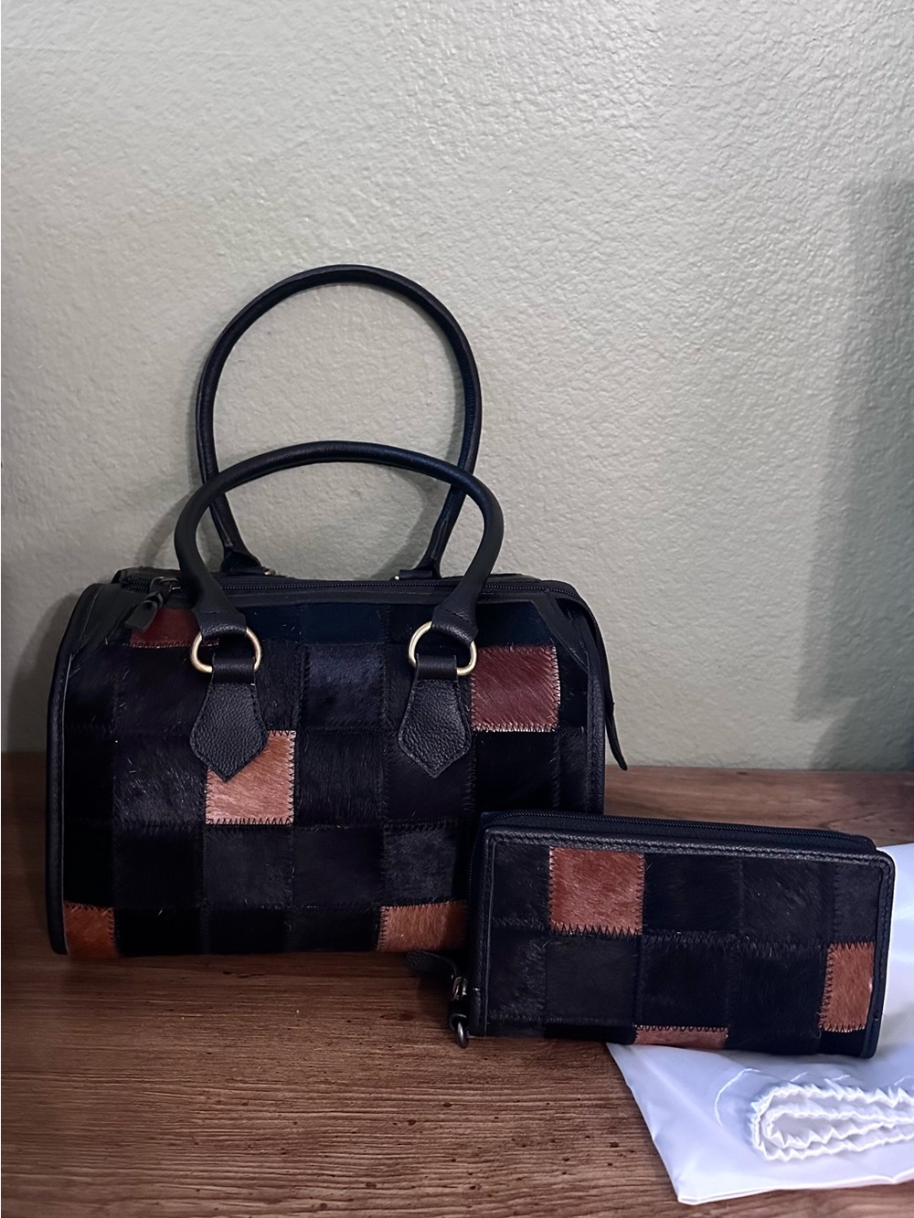 New! Black and Brown Patchwork Hair on Hide Leather Speedy and Wallet Set